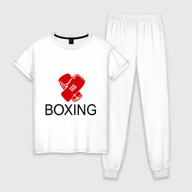 Женская пижама хлопок с принтом Boxing в Петрозаводске, 100% хлопок | брюки и футболка прямого кроя, без карманов, на брюках мягкая резинка на поясе и по низу штанин | box | boxing | footbolki | бокс | боксер | боксерские перчатки | боксинг | перчатки | спорт