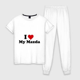 Женская пижама хлопок с принтом I love my Mazda (2) в Петрозаводске, 100% хлопок | брюки и футболка прямого кроя, без карманов, на брюках мягкая резинка на поясе и по низу штанин | i love | i love my mazda | mazda | авто | мазда | машины | я люблю | японские