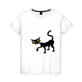 Женская футболка хлопок с принтом Кошка (2) в Петрозаводске, 100% хлопок | прямой крой, круглый вырез горловины, длина до линии бедер, слегка спущенное плечо | киса | коты | кошка | кошки | черная кошка