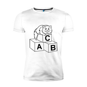 Мужская футболка премиум с принтом Кот на кубиках в Петрозаводске, 92% хлопок, 8% лайкра | приталенный силуэт, круглый вырез ворота, длина до линии бедра, короткий рукав | алфавит | киса | кот | котик | кубики