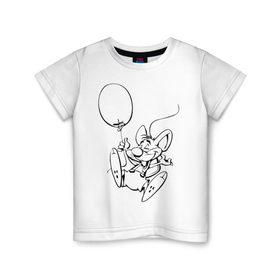 Детская футболка хлопок с принтом Мышка с шариком в Петрозаводске, 100% хлопок | круглый вырез горловины, полуприлегающий силуэт, длина до линии бедер | воздушный | мышенок | мышка | мышонок | мышь | шар | шарик