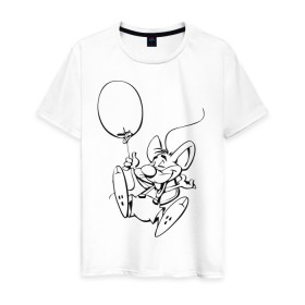 Мужская футболка хлопок с принтом Мышка с шариком в Петрозаводске, 100% хлопок | прямой крой, круглый вырез горловины, длина до линии бедер, слегка спущенное плечо. | воздушный | мышенок | мышка | мышонок | мышь | шар | шарик