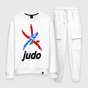 Женский костюм хлопок с принтом Дзюдо - Judo эмблема в Петрозаводске, 100% хлопок | на свитшоте круглая горловина, мягкая резинка по низу. Брюки заужены к низу, на них два вида карманов: два 