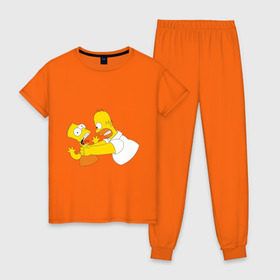Женская пижама хлопок с принтом Гомер душит Барта в Петрозаводске, 100% хлопок | брюки и футболка прямого кроя, без карманов, на брюках мягкая резинка на поясе и по низу штанин | гомер