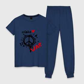 Женская пижама хлопок с принтом Peace Make love not war в Петрозаводске, 100% хлопок | брюки и футболка прямого кроя, без карманов, на брюках мягкая резинка на поясе и по низу штанин | хиппи