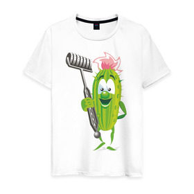 Мужская футболка хлопок с принтом Огурец в Петрозаводске, 100% хлопок | прямой крой, круглый вырез горловины, длина до линии бедер, слегка спущенное плечо. | дача | дачник | овощи | огурец | огурчик | садовод
