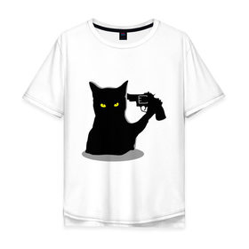 Мужская футболка хлопок Oversize с принтом Black Cat Shooter в Петрозаводске, 100% хлопок | свободный крой, круглый ворот, “спинка” длиннее передней части | кот | кошка | кошка с пистолетом | кошки | пистолет | револьвер | черная кошка
