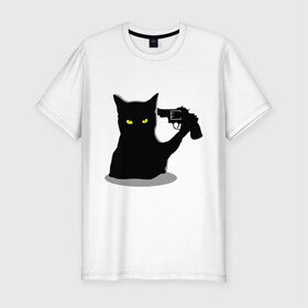 Мужская футболка премиум с принтом Black Cat Shooter в Петрозаводске, 92% хлопок, 8% лайкра | приталенный силуэт, круглый вырез ворота, длина до линии бедра, короткий рукав | кот | кошка | кошка с пистолетом | кошки | пистолет | револьвер | черная кошка