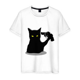 Мужская футболка хлопок с принтом Black Cat Shooter в Петрозаводске, 100% хлопок | прямой крой, круглый вырез горловины, длина до линии бедер, слегка спущенное плечо. | Тематика изображения на принте: кот | кошка | кошка с пистолетом | кошки | пистолет | револьвер | черная кошка