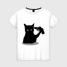 Женская футболка хлопок с принтом Black Cat Shooter в Петрозаводске, 100% хлопок | прямой крой, круглый вырез горловины, длина до линии бедер, слегка спущенное плечо | кот | кошка | кошка с пистолетом | кошки | пистолет | револьвер | черная кошка