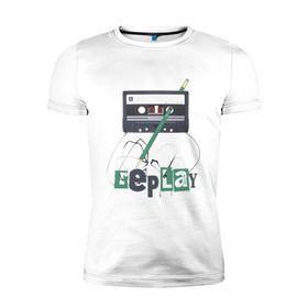 Мужская футболка премиум с принтом Replay в Петрозаводске, 92% хлопок, 8% лайкра | приталенный силуэт, круглый вырез ворота, длина до линии бедра, короткий рукав | music | replay | replayреплей | аудиокассета | кассета | музыка