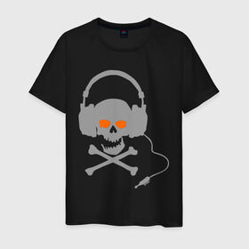 Мужская футболка хлопок с принтом Электро-череп в наушниках в Петрозаводске, 100% хлопок | прямой крой, круглый вырез горловины, длина до линии бедер, слегка спущенное плечо. | наушники | череп | череп  в наушниках | электро | электро череп | электромузыка | электронная музыка