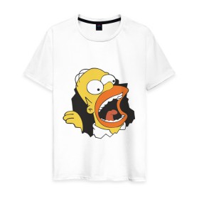 Мужская футболка хлопок с принтом Гомер Симпсон вылезает в Петрозаводске, 100% хлопок | прямой крой, круглый вырез горловины, длина до линии бедер, слегка спущенное плечо. | гомер