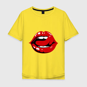Мужская футболка хлопок Oversize с принтом Губы и язык в Петрозаводске, 100% хлопок | свободный крой, круглый ворот, “спинка” длиннее передней части | 8 марта | губы | губы и язык | девушкам | женские губы | красная помада | красные губы | язык