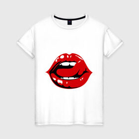 Женская футболка хлопок с принтом Губы и язык в Петрозаводске, 100% хлопок | прямой крой, круглый вырез горловины, длина до линии бедер, слегка спущенное плечо | 8 марта | губы | губы и язык | девушкам | женские губы | красная помада | красные губы | язык
