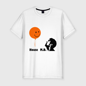 Мужская футболка премиум с принтом Доктор Хаус и воздушный шарик в Петрозаводске, 92% хлопок, 8% лайкра | приталенный силуэт, круглый вырез ворота, длина до линии бедра, короткий рукав | house | house md | все врут | доктор хауз | доктор хаус | хаус | хью лори