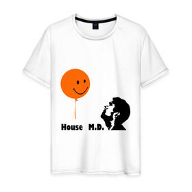 Мужская футболка хлопок с принтом Доктор Хаус и воздушный шарик в Петрозаводске, 100% хлопок | прямой крой, круглый вырез горловины, длина до линии бедер, слегка спущенное плечо. | house | house md | все врут | доктор хауз | доктор хаус | хаус | хью лори