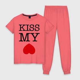 Женская пижама хлопок с принтом Kiss my ace в Петрозаводске, 100% хлопок | брюки и футболка прямого кроя, без карманов, на брюках мягкая резинка на поясе и по низу штанин | поцелуй | сердце | целовать