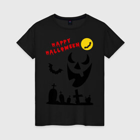 Женская футболка хлопок с принтом Happy Halloween в Петрозаводске, 100% хлопок | прямой крой, круглый вырез горловины, длина до линии бедер, слегка спущенное плечо | 31 октября | halloven | hallovin | halloween | hallowin | haloveen | haloven | halovin | haloween | halowen | helloween | hellowin | heloven | helowen | халлоуин | халлуин | халовин | халоуин | хелловин | хеллоуин | хеллу | хеллувин | хеловин | хелоуин | 