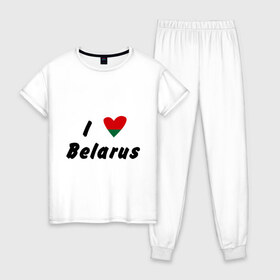 Женская пижама хлопок с принтом I love Belarus в Петрозаводске, 100% хлопок | брюки и футболка прямого кроя, без карманов, на брюках мягкая резинка на поясе и по низу штанин | беларусы | беларусь | белоруссия | лукашенко | люблю | минск | флаг