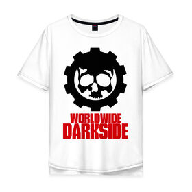 Мужская футболка хлопок Oversize с принтом Worldwide Darkside в Петрозаводске, 100% хлопок | свободный крой, круглый ворот, “спинка” длиннее передней части | Тематика изображения на принте: сторона | темная | череп | черепушка | шестеренка | электро | электронная