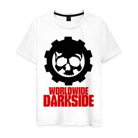 Мужская футболка хлопок с принтом Worldwide Darkside в Петрозаводске, 100% хлопок | прямой крой, круглый вырез горловины, длина до линии бедер, слегка спущенное плечо. | сторона | темная | череп | черепушка | шестеренка | электро | электронная
