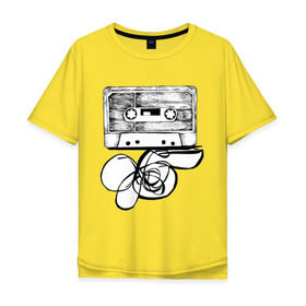 Мужская футболка хлопок Oversize с принтом Размотанная кассета в Петрозаводске, 100% хлопок | свободный крой, круглый ворот, “спинка” длиннее передней части | Тематика изображения на принте: аудиокассета | дека | касеста | компакт кассета | музыка | размотанная кассета