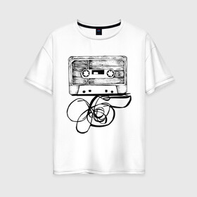Женская футболка хлопок Oversize с принтом Размотанная кассета в Петрозаводске, 100% хлопок | свободный крой, круглый ворот, спущенный рукав, длина до линии бедер
 | Тематика изображения на принте: аудиокассета | дека | касеста | компакт кассета | музыка | размотанная кассета