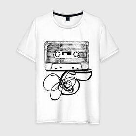 Мужская футболка хлопок с принтом Размотанная кассета в Петрозаводске, 100% хлопок | прямой крой, круглый вырез горловины, длина до линии бедер, слегка спущенное плечо. | аудиокассета | дека | касеста | компакт кассета | музыка | размотанная кассета