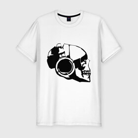 Мужская футболка премиум с принтом Череп в наушниках (3) в Петрозаводске, 92% хлопок, 8% лайкра | приталенный силуэт, круглый вырез ворота, длина до линии бедра, короткий рукав | скелет
