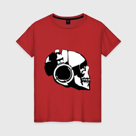 Женская футболка хлопок с принтом Череп в наушниках (3) в Петрозаводске, 100% хлопок | прямой крой, круглый вырез горловины, длина до линии бедер, слегка спущенное плечо | скелет