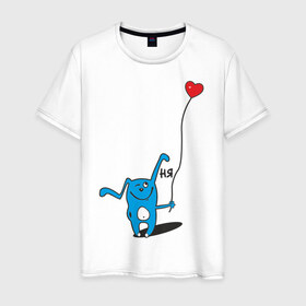 Мужская футболка хлопок с принтом Ня в Петрозаводске, 100% хлопок | прямой крой, круглый вырез горловины, длина до линии бедер, слегка спущенное плечо. | воздушный шар | воздушный шарик | зайчик | заяц | кролик | ня | сердечко | сердце