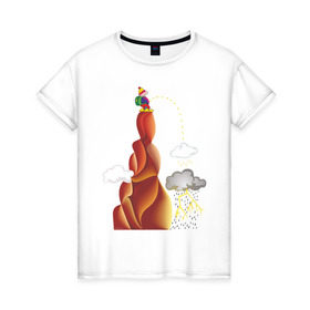 Женская футболка хлопок с принтом Турист писает в Петрозаводске, 100% хлопок | прямой крой, круглый вырез горловины, длина до линии бедер, слегка спущенное плечо | вершина | гора | дождь | писать | прикольные | турист. рисунок