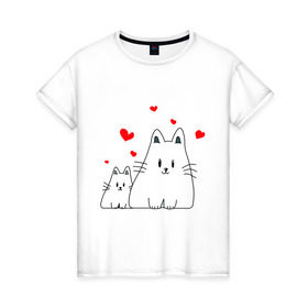 Женская футболка хлопок с принтом Кошачья любовь в Петрозаводске, 100% хлопок | прямой крой, круглый вырез горловины, длина до линии бедер, слегка спущенное плечо | коты | кошачья любовь | кошки | любовь | сердце | чувства