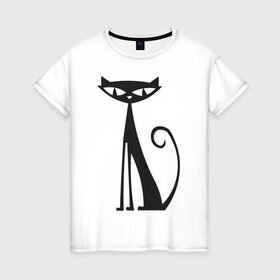 Женская футболка хлопок с принтом Элегантная кошечка в Петрозаводске, 100% хлопок | прямой крой, круглый вырез горловины, длина до линии бедер, слегка спущенное плечо | cat | киса | кошечка | кошка | кошки | элегантная кошка