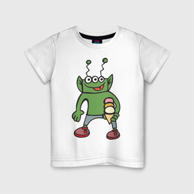 Детская футболка хлопок с принтом Инопланетянин с мороженым в Петрозаводске, 100% хлопок | круглый вырез горловины, полуприлегающий силуэт, длина до линии бедер | гуманоид | инопланетянин | космос | летающая тарелка | мороженное | нло | пришелец | пришельцы