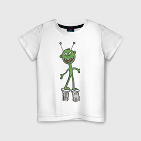 Детская футболка хлопок с принтом Инопланетянин на пружине в Петрозаводске, 100% хлопок | круглый вырез горловины, полуприлегающий силуэт, длина до линии бедер | гуманоид | инопланетянин | космос | летающая тарелка | нло | пришелец | пришельцы | смешной пришелец | ходули
