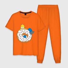 Мужская пижама хлопок с принтом Гомер ест пончик в Петрозаводске, 100% хлопок | брюки и футболка прямого кроя, без карманов, на брюках мягкая резинка на поясе и по низу штанин
 | гомер