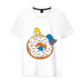 Мужская футболка хлопок с принтом Гомер ест пончик в Петрозаводске, 100% хлопок | прямой крой, круглый вырез горловины, длина до линии бедер, слегка спущенное плечо. | гомер