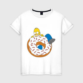Женская футболка хлопок с принтом Гомер ест пончик в Петрозаводске, 100% хлопок | прямой крой, круглый вырез горловины, длина до линии бедер, слегка спущенное плечо | гомер