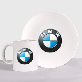 Набор: тарелка + кружка с принтом BMW в Петрозаводске, керамика | Кружка: объем — 330 мл, диаметр — 80 мм. Принт наносится на бока кружки, можно сделать два разных изображения. 
Тарелка: диаметр - 210 мм, диаметр для нанесения принта - 120 мм. | bmw | авто | авто2012 | автомобиль | бмв | бренд | логотип | машина
