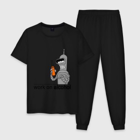Мужская пижама хлопок с принтом Work on alcohol в Петрозаводске, 100% хлопок | брюки и футболка прямого кроя, без карманов, на брюках мягкая резинка на поясе и по низу штанин
 | Тематика изображения на принте: бендер | футурама