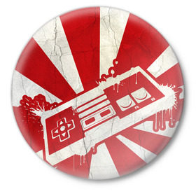 Значок с принтом Японский флаг с джойстиком в Петрозаводске,  металл | круглая форма, металлическая застежка в виде булавки | Тематика изображения на принте: japan | joystick | джойстик | страна восходящего солнца | флаг | япония | японский флаг