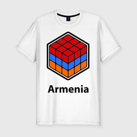 Мужская футболка премиум с принтом Кубик – Армения в Петрозаводске, 92% хлопок, 8% лайкра | приталенный силуэт, круглый вырез ворота, длина до линии бедра, короткий рукав | армения | армяне | армянин | ереван | кубик | кубик рубик | флаг | флаг армении в магическом кубике.armenia