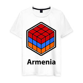 Мужская футболка хлопок с принтом Кубик – Армения в Петрозаводске, 100% хлопок | прямой крой, круглый вырез горловины, длина до линии бедер, слегка спущенное плечо. | армения | армяне | армянин | ереван | кубик | кубик рубик | флаг | флаг армении в магическом кубике.armenia