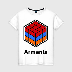 Женская футболка хлопок с принтом Кубик – Армения в Петрозаводске, 100% хлопок | прямой крой, круглый вырез горловины, длина до линии бедер, слегка спущенное плечо | армения | армяне | армянин | ереван | кубик | кубик рубик | флаг | флаг армении в магическом кубике.armenia
