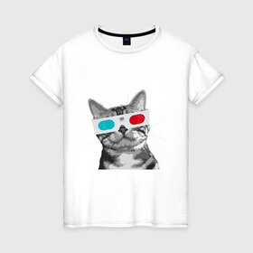 Женская футболка хлопок с принтом Кот в стереоочках в Петрозаводске, 100% хлопок | прямой крой, круглый вырез горловины, длина до линии бедер, слегка спущенное плечо | Тематика изображения на принте: анаглифы | кот | коты | кошки | стерео очки