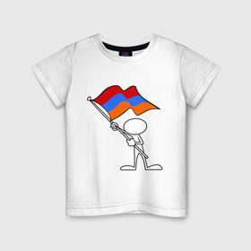 Детская футболка хлопок с принтом Армения (человек с флагом) в Петрозаводске, 100% хлопок | круглый вырез горловины, полуприлегающий силуэт, длина до линии бедер | Тематика изображения на принте: armenia | армении | армения | армяне | армянин | армянка | ереван | флаг