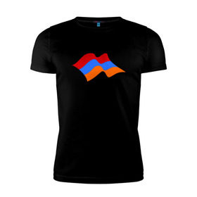 Мужская футболка премиум с принтом Армения (человек с флагом) в Петрозаводске, 92% хлопок, 8% лайкра | приталенный силуэт, круглый вырез ворота, длина до линии бедра, короткий рукав | armenia | армении | армения | армяне | армянин | армянка | ереван | флаг