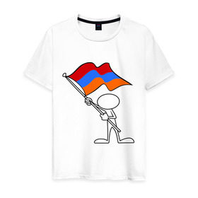 Мужская футболка хлопок с принтом Армения (человек с флагом) в Петрозаводске, 100% хлопок | прямой крой, круглый вырез горловины, длина до линии бедер, слегка спущенное плечо. | armenia | армении | армения | армяне | армянин | армянка | ереван | флаг